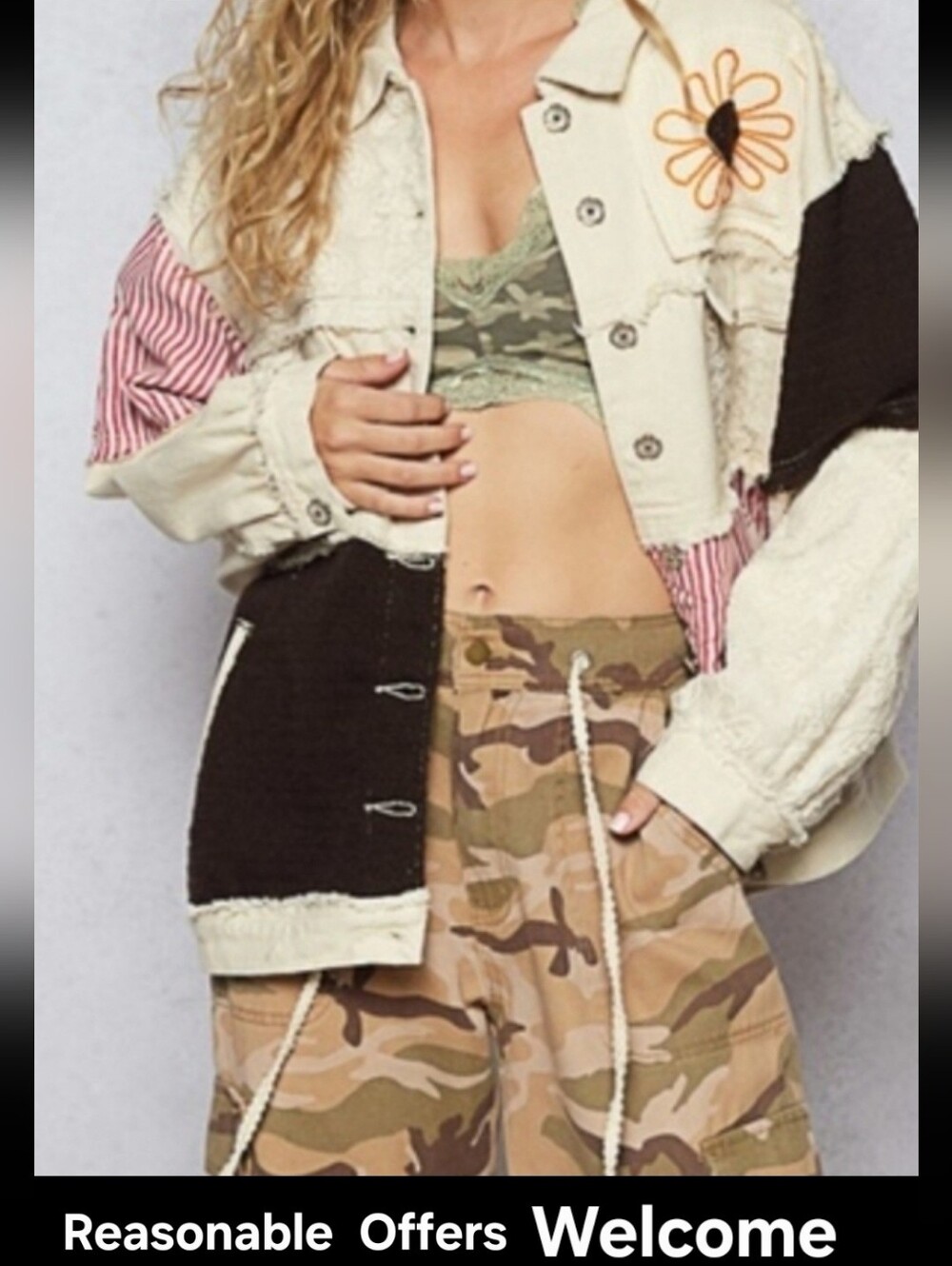 POL Patchwork Jacket in Cream/Pink/Blk Daisy Embroidery. Various Sizes NWT
